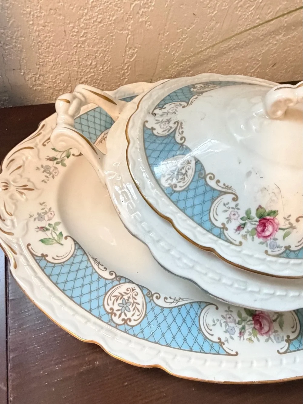 Vintage Royal Jackson / Myott Porcelain Serving Set - 3 Pieces (Blue Floral)
